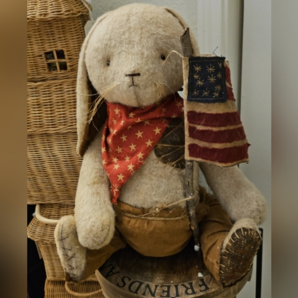 COPY - PRIMITIVE FOURTH OF JULY BUNNY WITH HIS FLAG AND LONG EARS